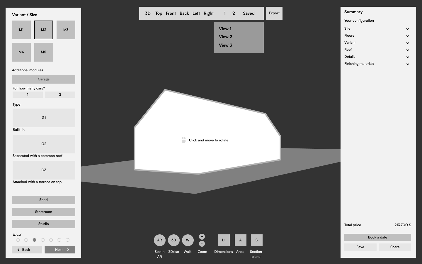 HomeNow configurator wireframe — option panel, 3D viewport, live summary and price