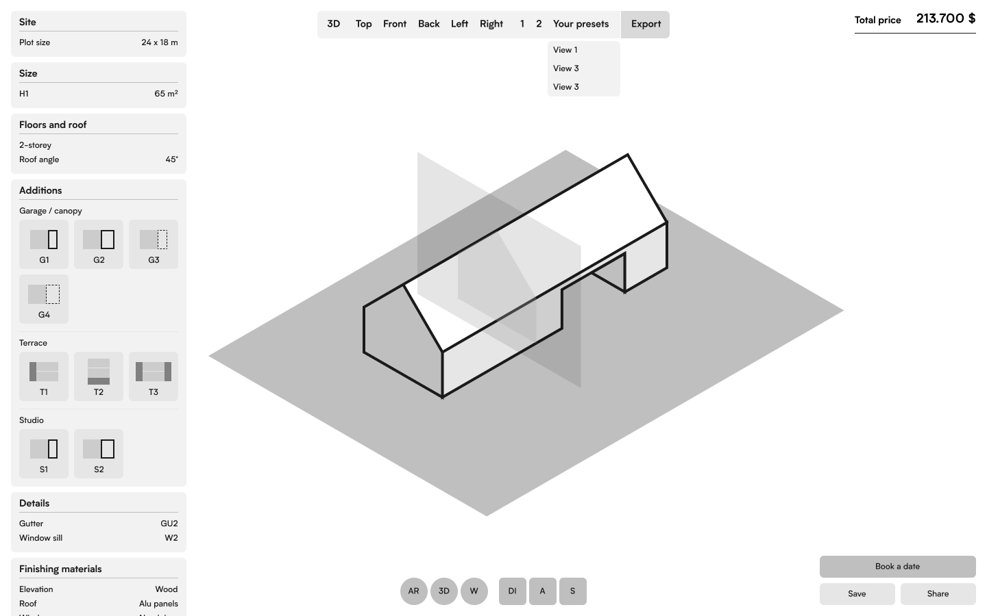 HomeNow configurator wireframe — additions, details, finishing materials, section view